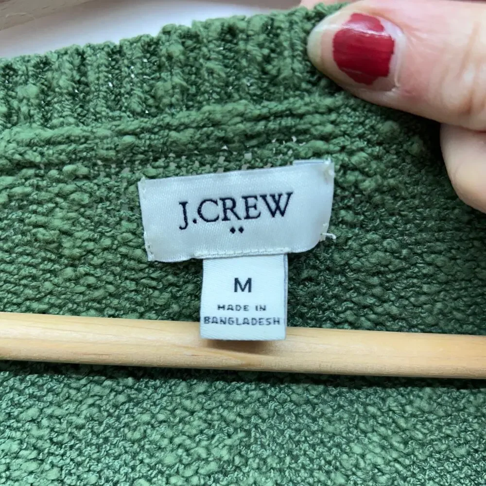J. Crew Green V-Neck Slub Sweater Medium Cotton Knit Preppy Casual Minimalist